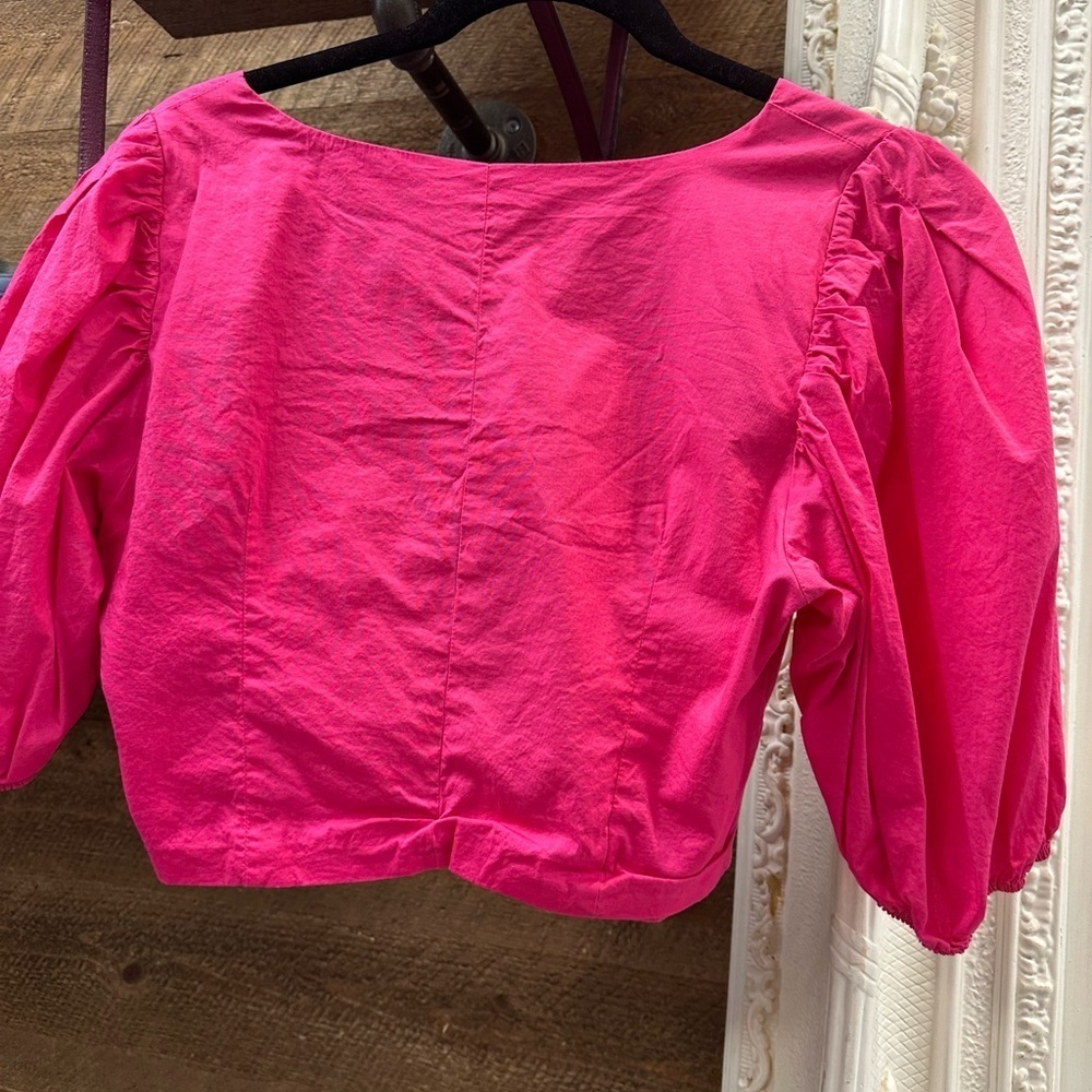 Jason Wu Hot Pink Puff Sleeve Twist Front Crop Top Size M - Picture 5 of 6